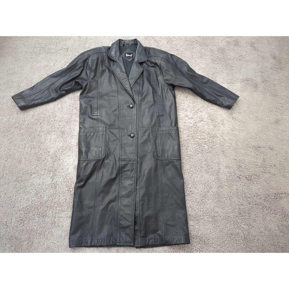 Avanti Trench Coat Jacket Womens M Black Leather Two Button Front Pockets